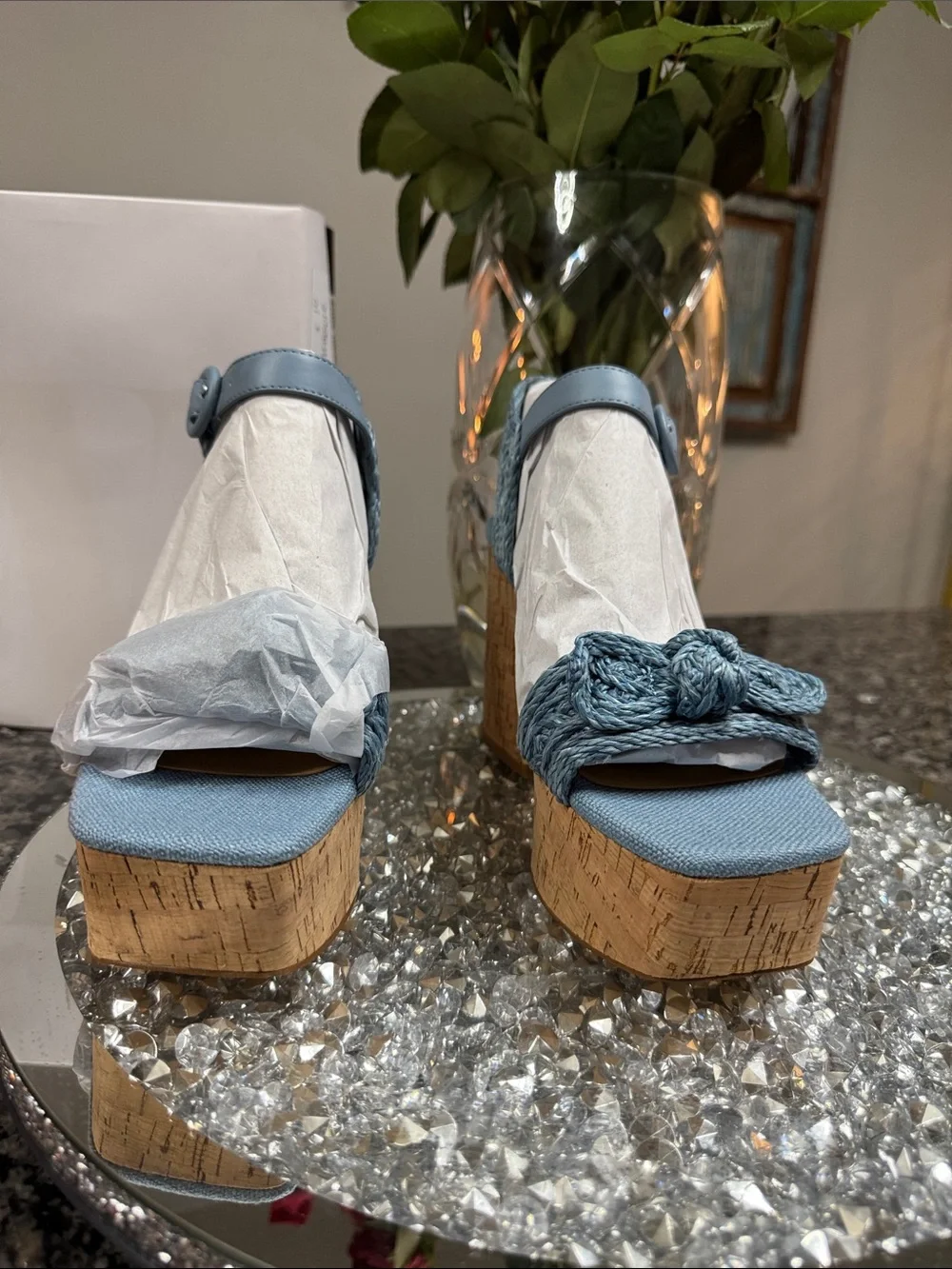 Nine West Comiele Light Blue denim Braided Cork Platform SandalsNEW 9